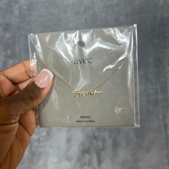 “MAMA” Brass Pendant Necklace, Gold, 16” + 3” Ext - Picture 3 of 6